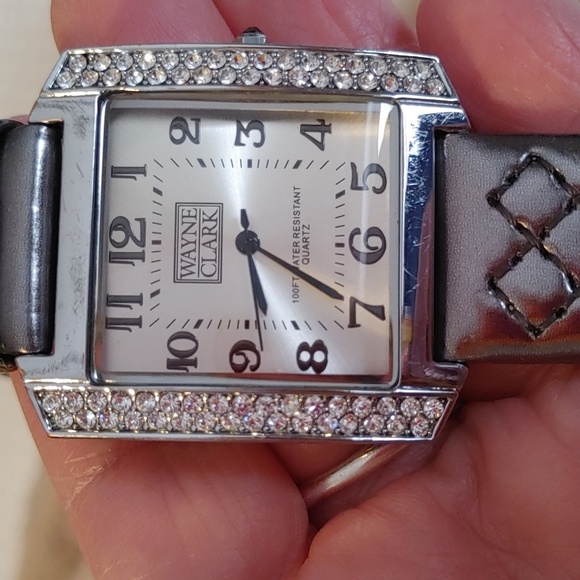 Vintage Wayne Clark Quartz Square Face Watch with Crystals and Leather Strap - Picture 6 of 13